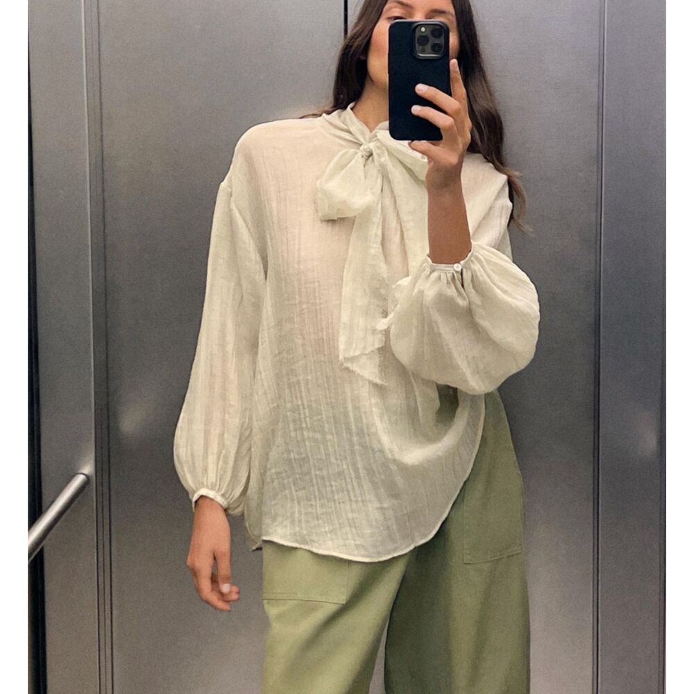 ZARA Tie Neckline Semi Sheer Blouse Cream Small